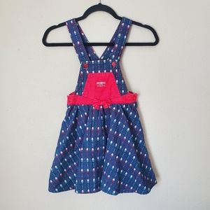 Vintage OshKosh B'Gosh Children's Overall Dress Girls Blue Red Patterned Cotton